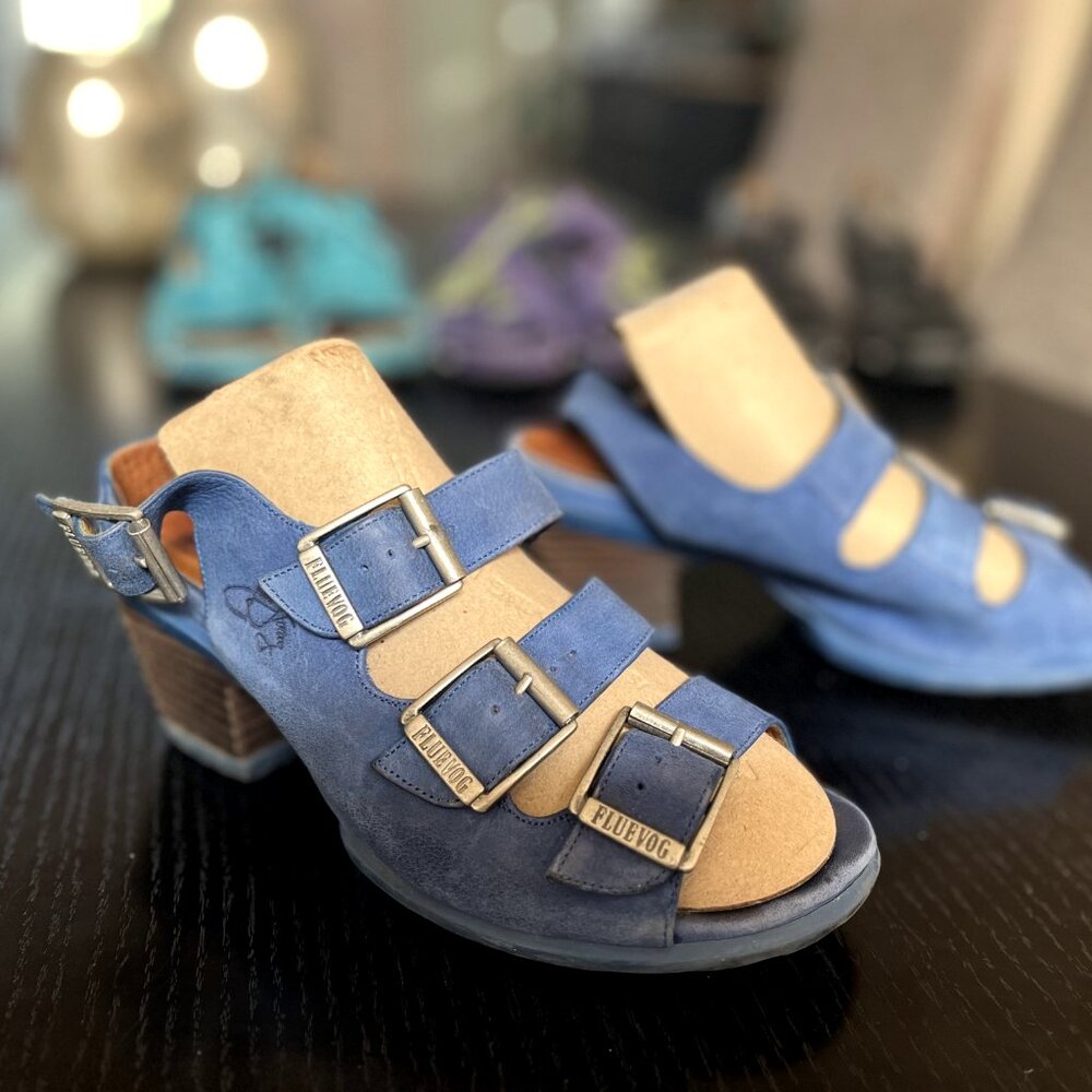 Fleuvog 'Sunny' Blue Suede Buckle Sandals - discontinued